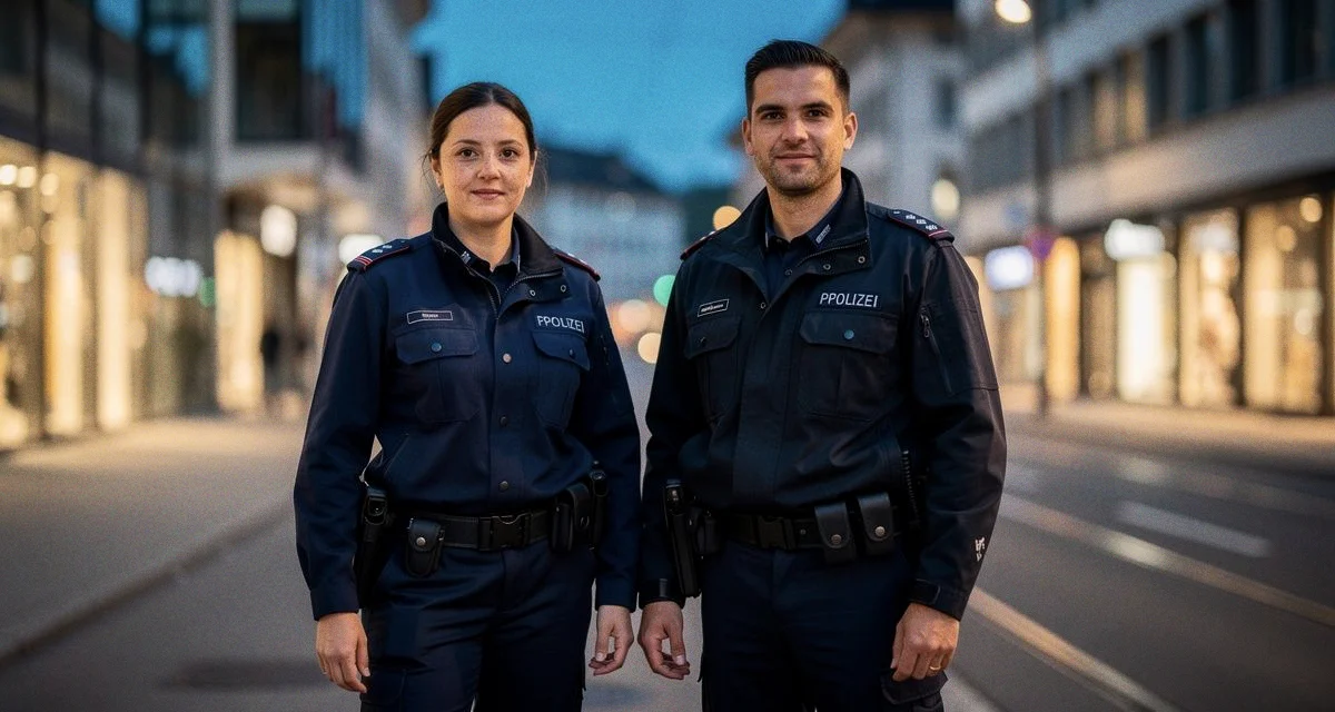 Schweizer Polizistin und Polizist in Uniform mit Rangabzeichen auf den Schulterklappen, städtischer Hintergrund bei Abenddämmerung
